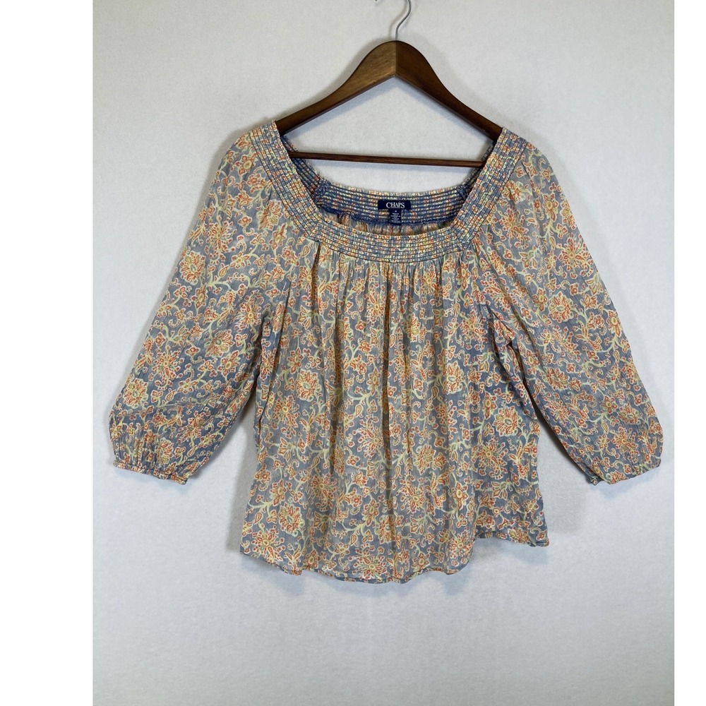 Chaps Floral Peasant Blouse in Blue and Peach
